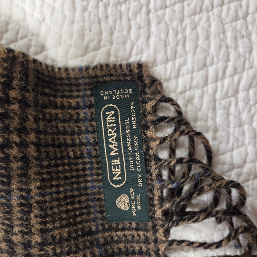 Neil Martin Lambswool Scarf Made in Scotland Brown Plaid Check Fringe Unisex